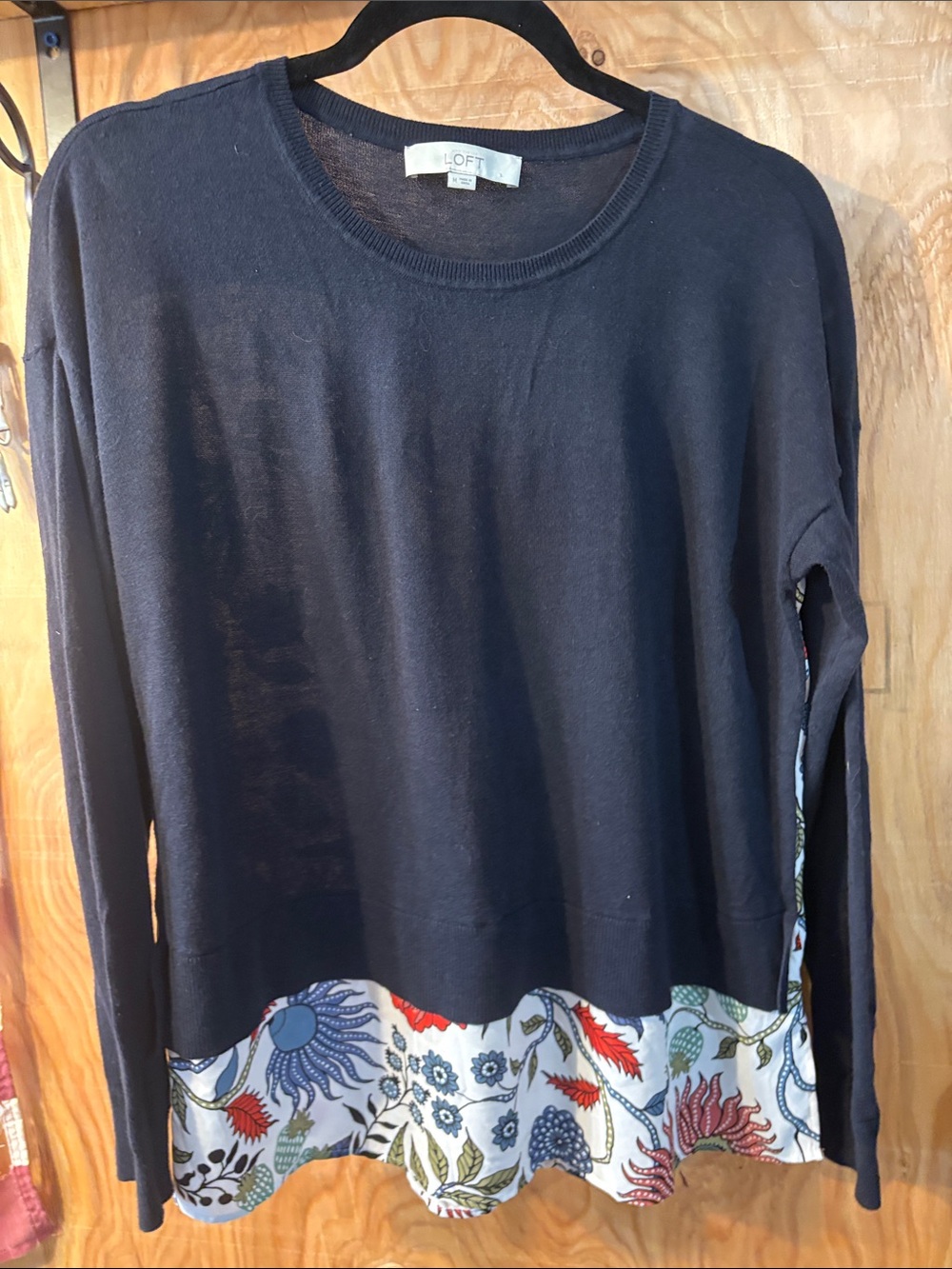 LOFT Navy Sweater with Multicolor Floral Hem